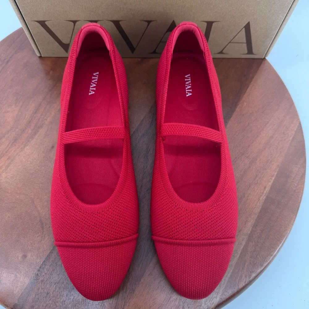 VIVAIA Tamia Mary Jane Ballet Ruby Red Knit Sustainable Cap Toe Flat Women 10